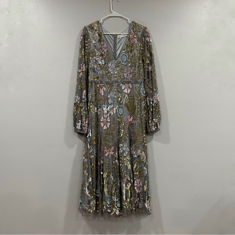 Mac Duggal 5423 Gray Long Sleeve Cuff Embellished Dress sz 10